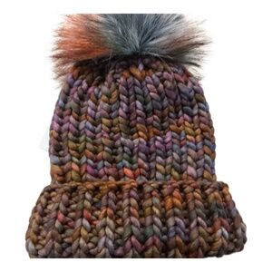 OOAK - Hand knit muted autumn toned variegated knit hat with faux fur pom